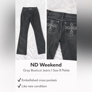 ND Weekend Gray Bootcut Jeans Size 8 Petite Embellished Cross Pockets Stretch